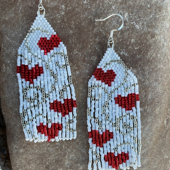Red Hearts with Silver Scroll Beaded Earrings, New, Handmade by Me - Picture 3 of 11